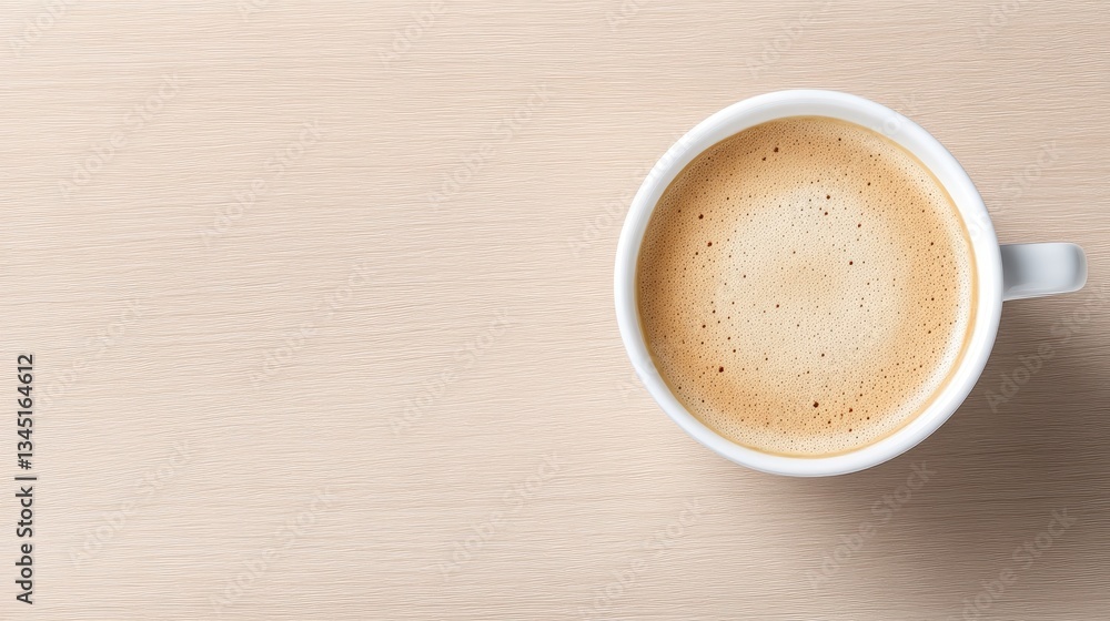 Fototapeta premium Aromatic coffee in a white cup on a light wooden surface. Atop the surface, a white mug holds a light brown, frothy coffee drink. The wooden tabletop is a neutral beige color