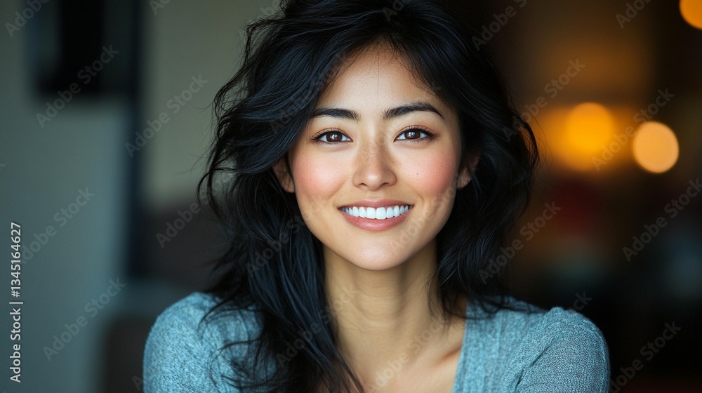Close-up portrait of a smiling young Asian woman with long dark hair. Close-up portrait of a smiling young Asian woman with long dark hair.