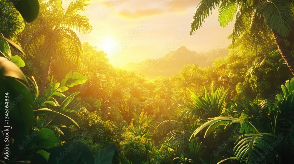 Obraz premium Serene Sunrise in Lush Tropical Jungle Surrounded by Vibrant Green Foliage and Warm Golden Light