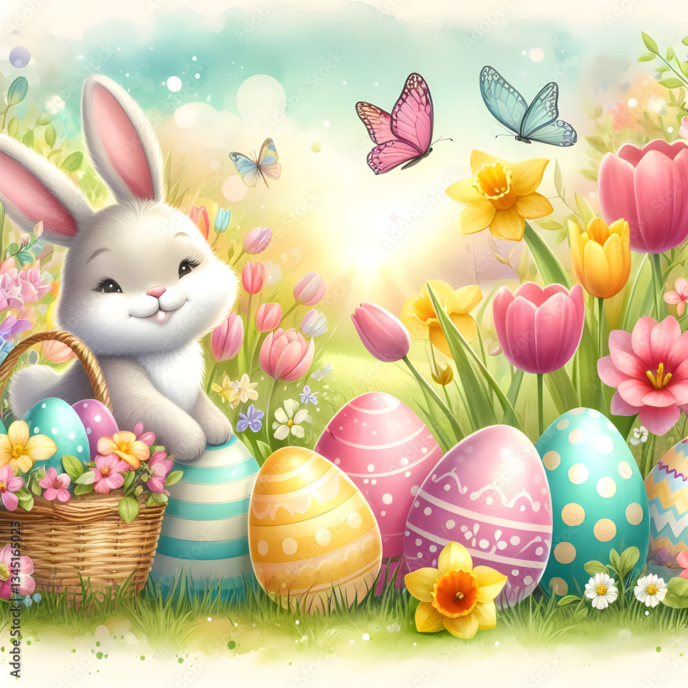 Obraz premium Cute Easter Bunny with Basket, Tulips and Blooming Flowers, Whimsical Easter Bunny and Spring Flowers Watercolor Illustration. Generative ai