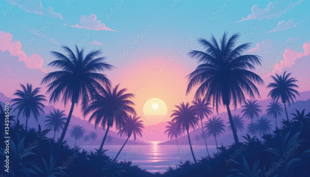 Obraz premium Tranquil Lavender & Aqua Sunset Dreamy Palm Tree Silhouette Illustration