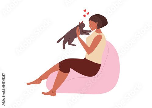 Cat lover. Girl holding beloved cat. Young woman sitting on pink bean bag with her cat at home. Comfortable fluffy soft chair. Flat cartoon vector illustration.