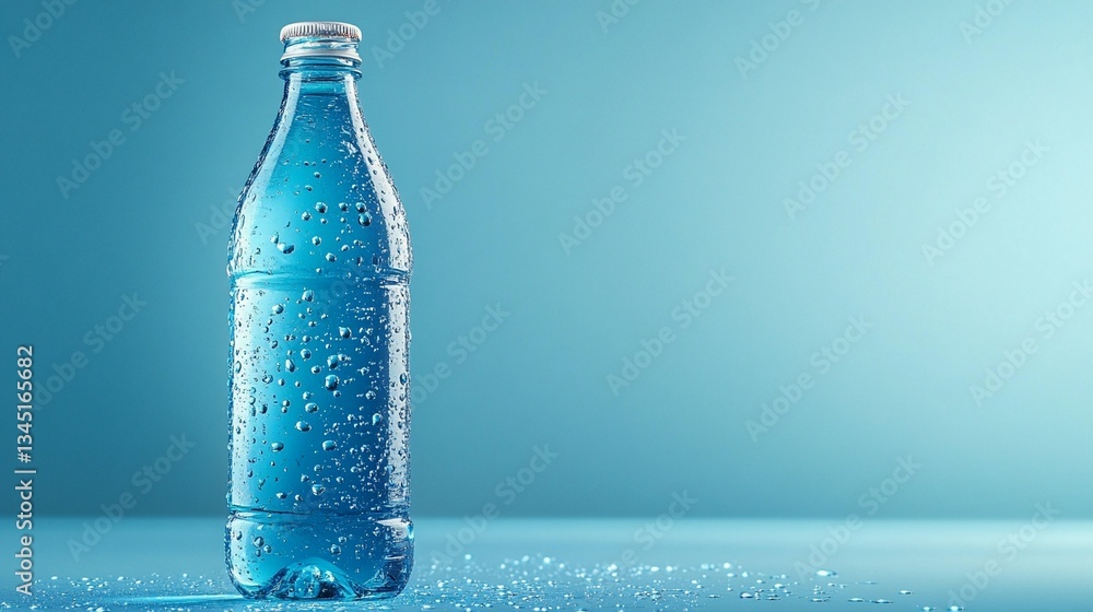 Cold water bottle with condensation droplets on light blue background. Cold water bottle with condensation droplets on light blue background.