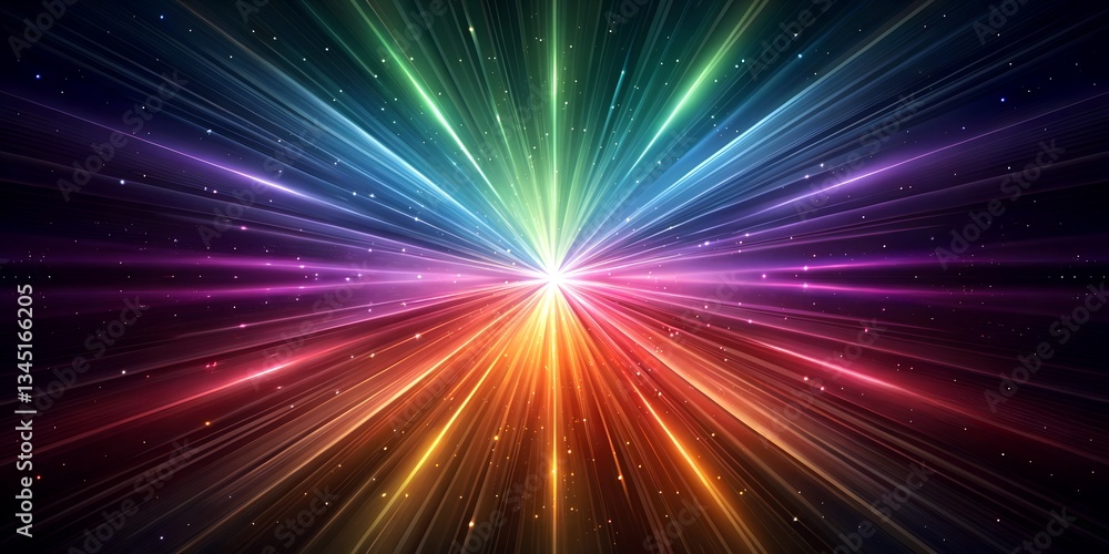 Naklejka premium Spectrum light flare radiating from the center, creating a mesmerizing digital starburst. Colorful neon explosion with cosmic dust particles and high-energy glow banner and cover