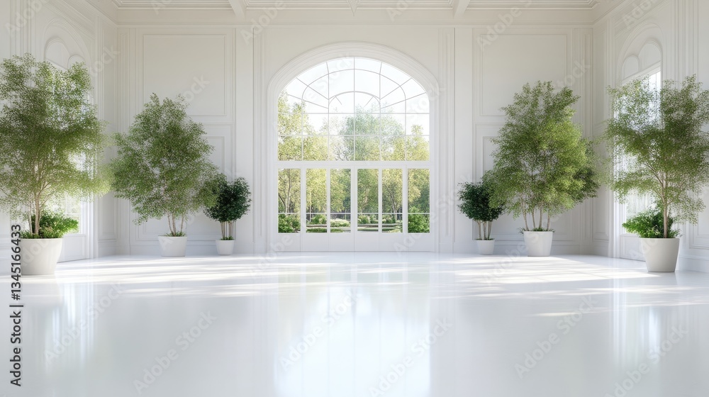 Fototapeta premium Elegant, bright, white interior with large window views of a garden