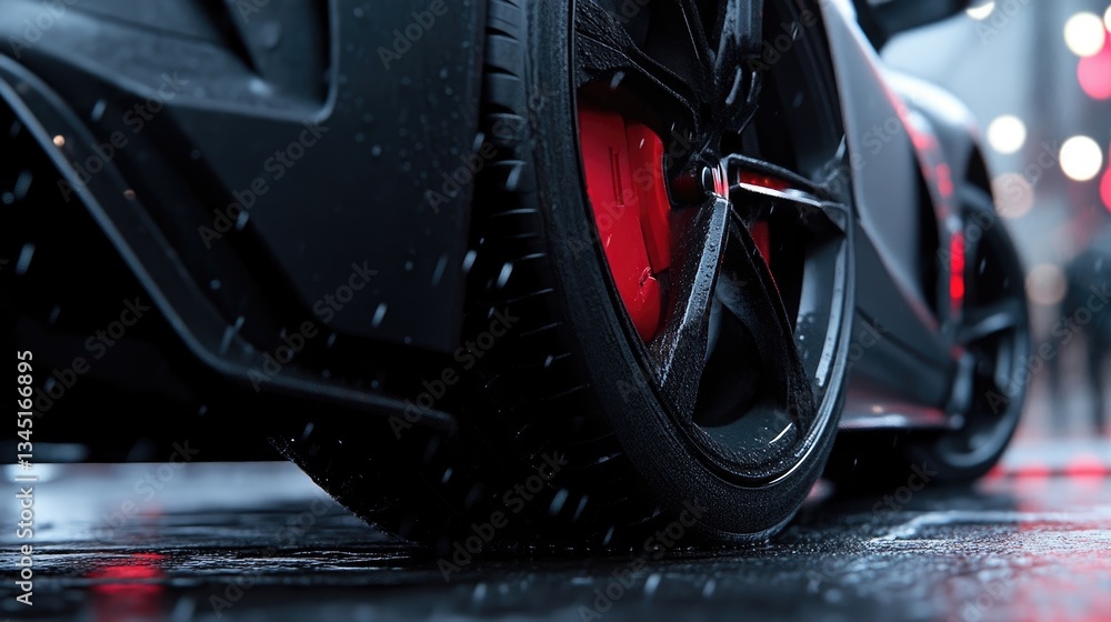 Obraz premium Modern sports car on a wet city street. Detailed close-up view of the rear tire and wheel