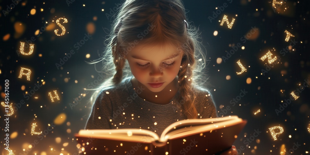 Fototapeta premium Little child reading a book with magical glowing letters around them. Encouraging kids to read books.