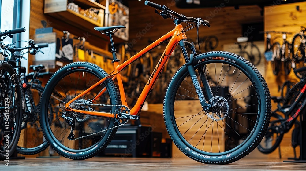 A vibrant orange mountain bike displayed prominently in a modern bike shop, with various cycling accessories and other bicycles visible in the background A vibrant orange mountain bike displayed prominently in a modern bike shop, with various cycling accessories and other bicycles visible in the background