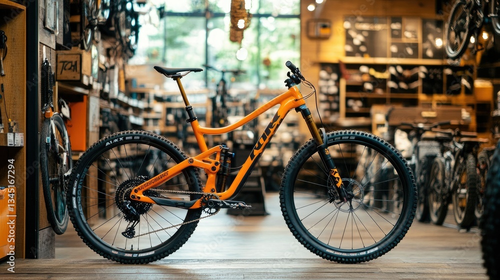 Obraz premium A vibrant orange mountain bike displayed prominently in a modern bike shop, with various cycling accessories and other bicycles visible in the background