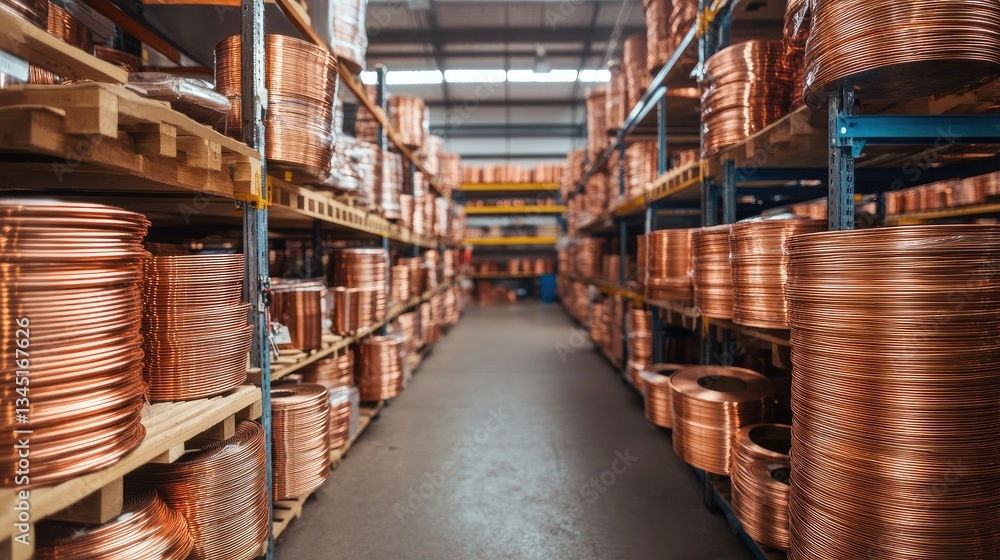 Fototapeta premium A warehouse filled with copper wire coils, meticulously arranged for distribution and use in electrical engineering projects
