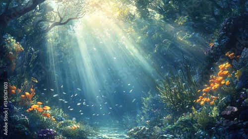 Wallpaper Mural Enchanted Forest with Sunlight Rays Filtering Through Canopy and Vibrant Flowers Surrounded by Whimsical Underwater Life Torontodigital.ca