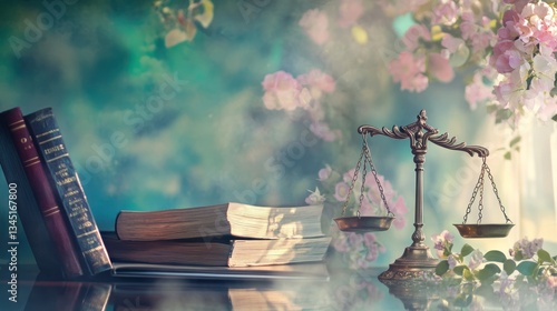 Law books, justice scales, nature background