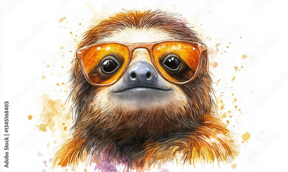 Obraz premium Funky Sloth Portrait with Sunglasses, Watercolor Animal Art, Cute Wildlife Illustration