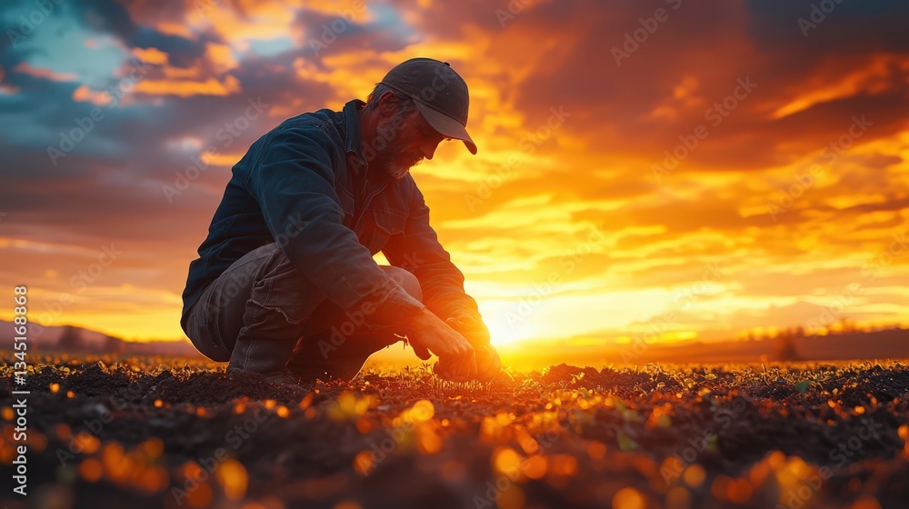Fototapeta premium Dedicated agriculturalist tending to crops at sunset, vibrant skies above