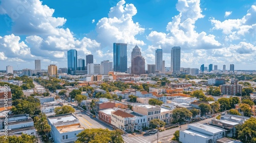 A breathtaking aerial perspective of Tampa urban landscape, with skyscrapers and Ybor City historic streets in view