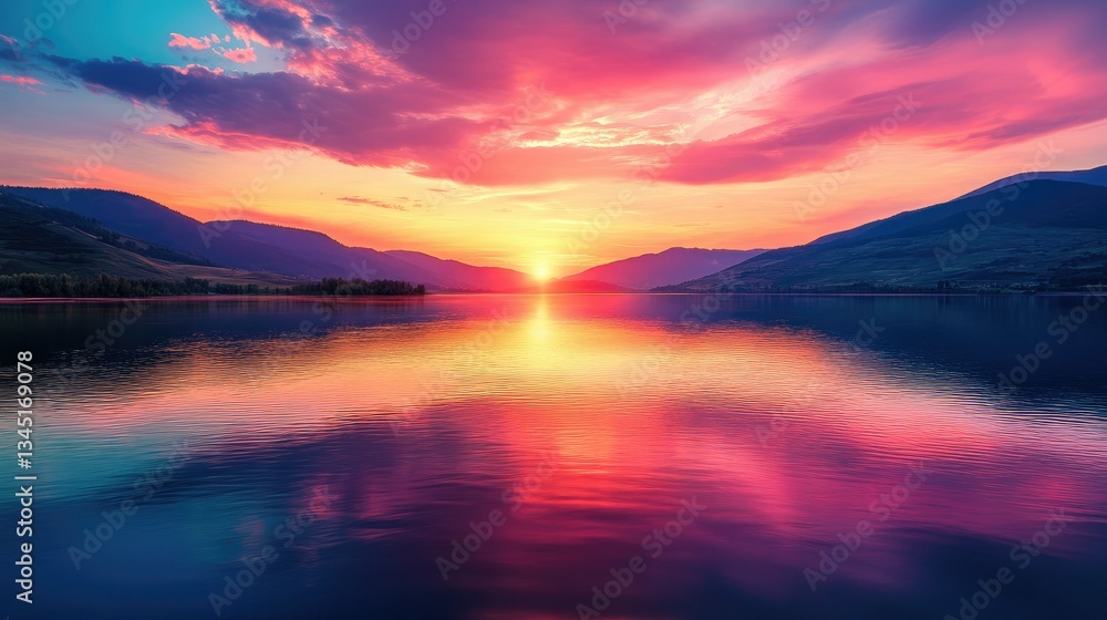 Fototapeta premium A breathtaking sunset reflects on the calm river waters, with rolling mountains in the background and a stunning array of colors in the sky