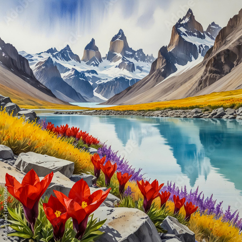 watercolor illustration of bright red notro blossoms, yellow calafate flowers, and purple violets growing near the edge of a pristine glacial lake, with jagged peaks reflected in the wate photo