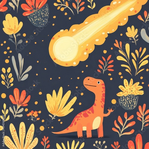 An illustrated dinosaur watches an asteroid impact through the sky