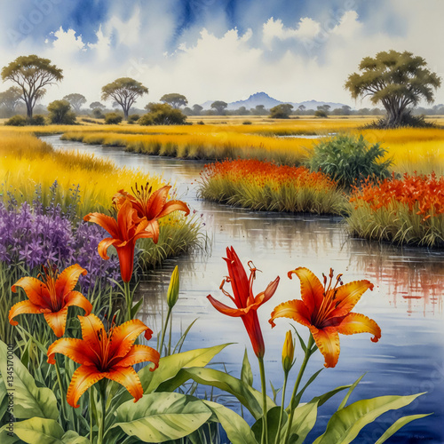 watercolor illustration of bright red notro blossoms, yellow calafate flowers, and purple violets growing near the edge of a pristine glacial lake, with jagged peaks reflected in the water