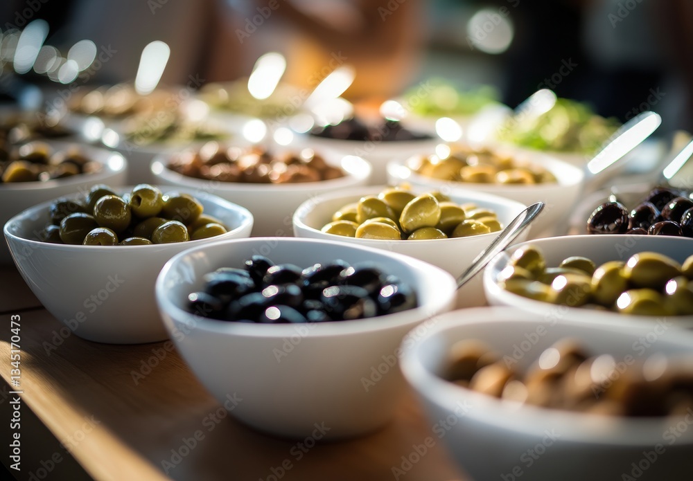 Assorted Bowls of Fresh Olives Displayed at a Gourmet Food Event with Natural Light Enhancing Their Appeal and Texture in a Stylish Setting Assorted Bowls of Fresh Olives Displayed at a Gourmet Food Event with Natural Light Enhancing Their Appeal and Texture in a Stylish Setting