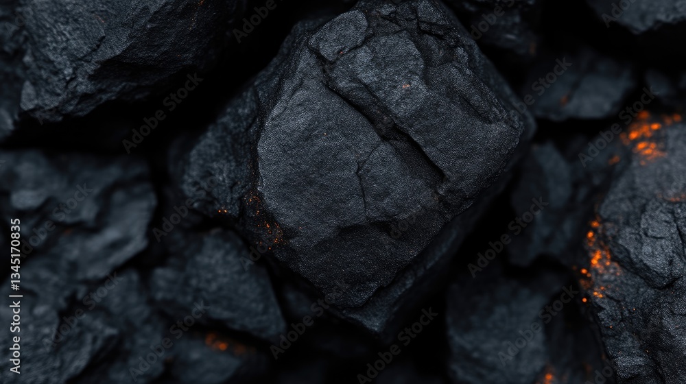 Close-up view of dark, rough coal rocks. Burning embers are visible within and on the surface Close-up view of dark, rough coal rocks. Burning embers are visible within and on the surface