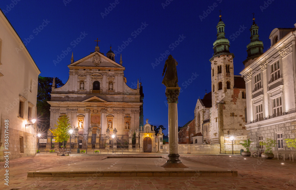 Night view of Saints Peter and Paul Church and St. Andrew's Church in Krakow, Poland.