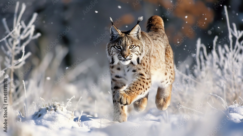 Stealthy lynx bounding through a snowy forest fur blending into the frosty backdrop muscles rippling in a perfect leap Stealthy lynx bounding through a snowy forest fur blending into the frosty backdrop muscles rippling in a perfect leap