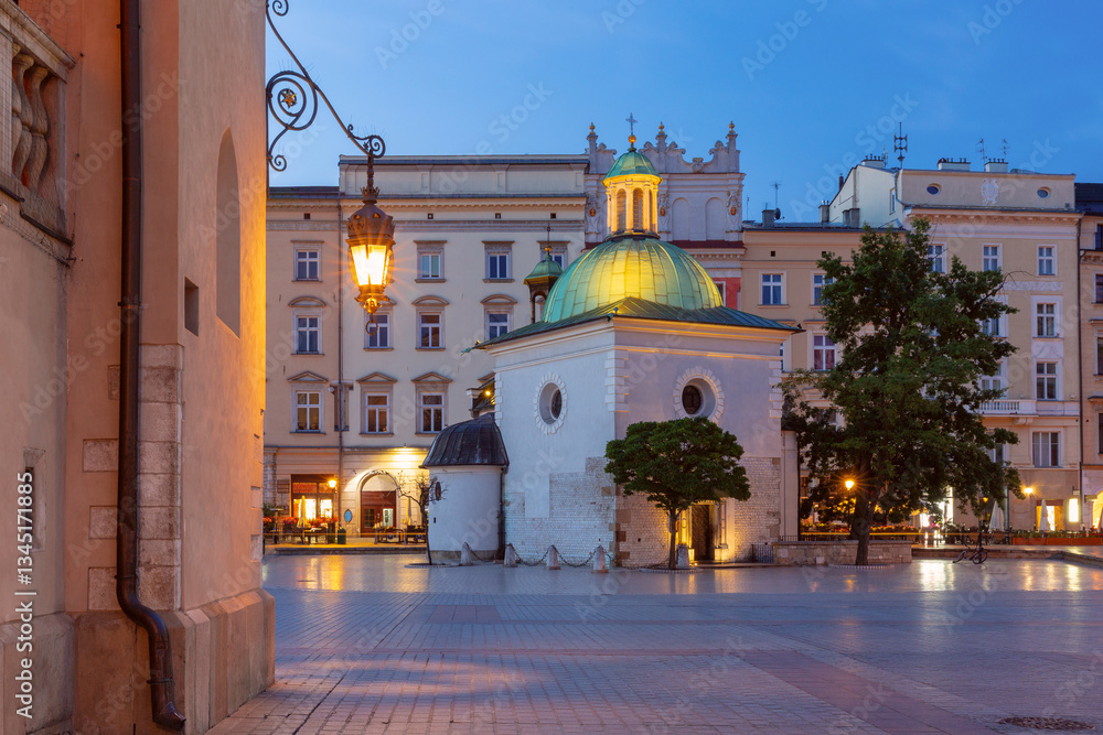 Early morning view of St. Adalbert's Church on the Main Square in Krakow, Poland