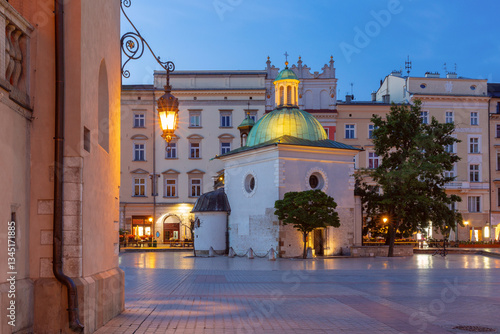 Obraz na płótnie Early morning view of St. Adalbert's Church on the Main Square in Krakow, Poland w salonie