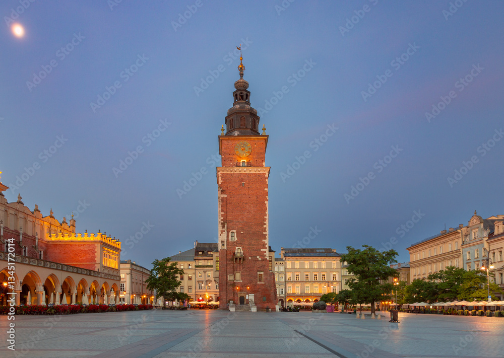 Early morning view of the Town Hall Tower on the Main Square in Krakow, Poland