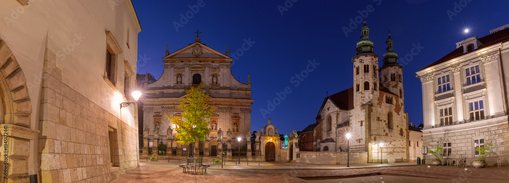 Night view of Saints Peter and Paul Church and St. Andrew's Church in Krakow, Poland