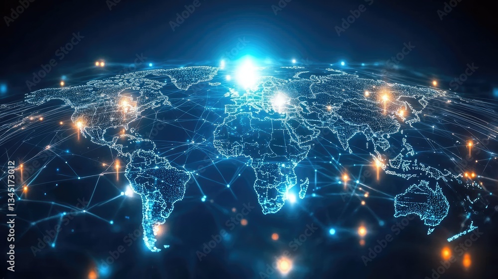 A vibrant digital world map showcasing interconnected networks of data and light across continents A vibrant digital world map showcasing interconnected networks of data and light across continents