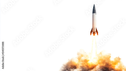 Rocket Launch With Fire And Smoke On White Background