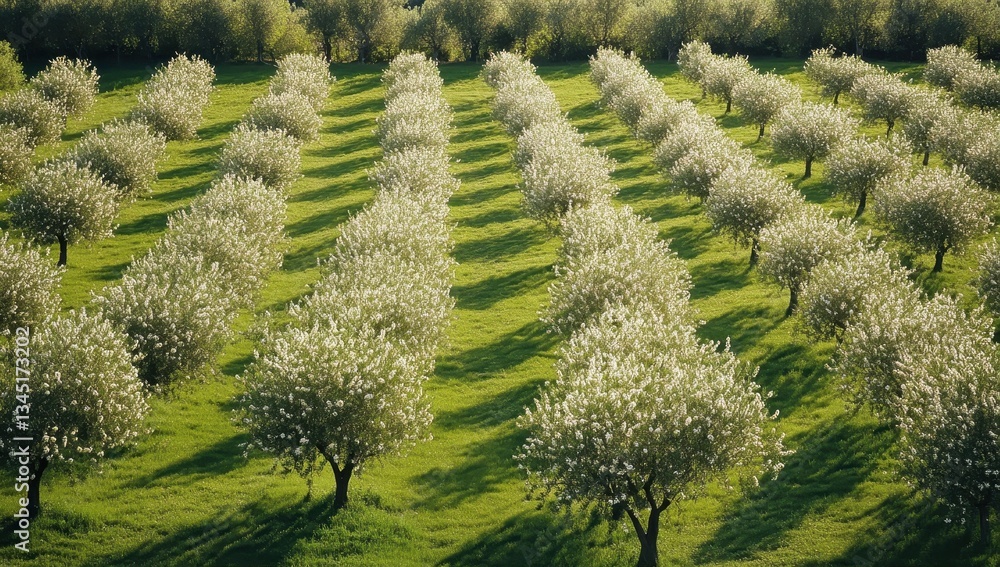 Fototapeta premium Beautiful Blossoming Orchard Under Bright Blue Sky with Green Grass and Rows of Trees Bathed in Golden Light in Early Spring Season