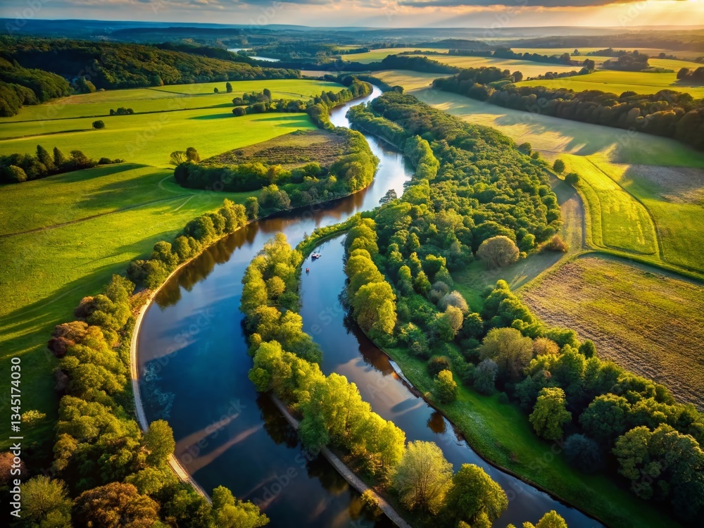 Naklejka premium Aerial Black and White River Drone Photography: Serene Nature Scene