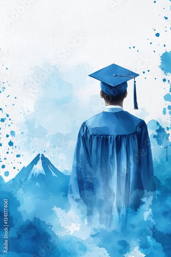 A serene watercolor painting depicts a graduate in a blue cap and gown, standing before majestic mountains, symbolizing achievement and the bright future awaiting them after