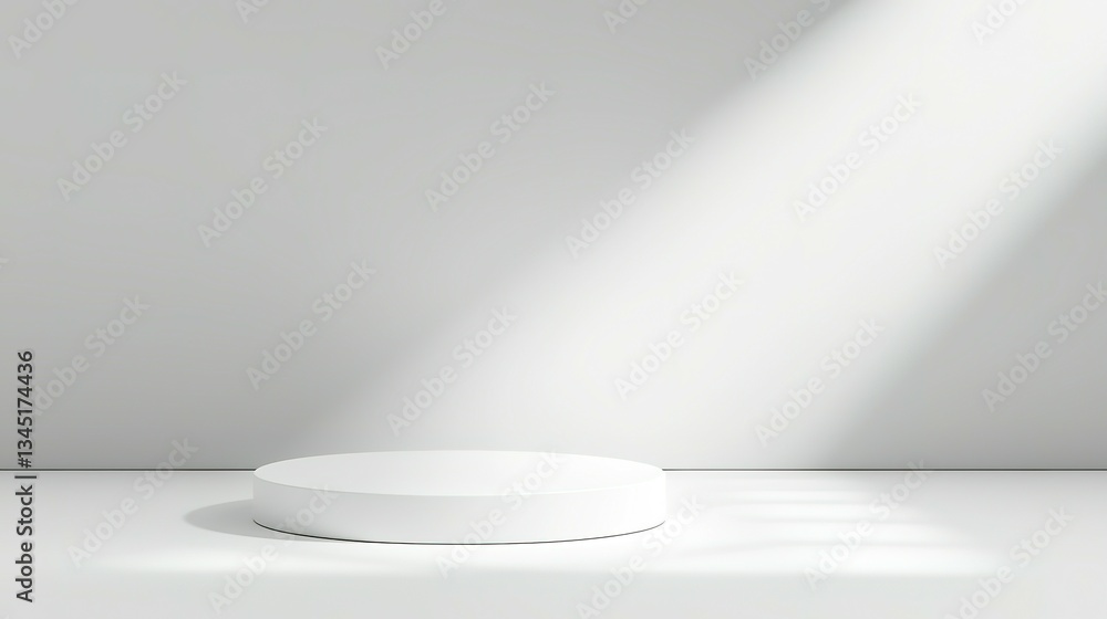A white cylindrical display platform under bright diagonal sunlight A white cylindrical display platform under bright diagonal sunlight