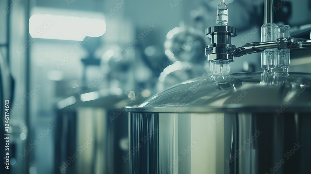 A pharmaceutical factory, close-up of high-tech equipment mixing chemicals in stainless steel vats, clear glass tubes and automated systems A pharmaceutical factory, close-up of high-tech equipment mixing chemicals in stainless steel vats, clear glass tubes and automated systems
