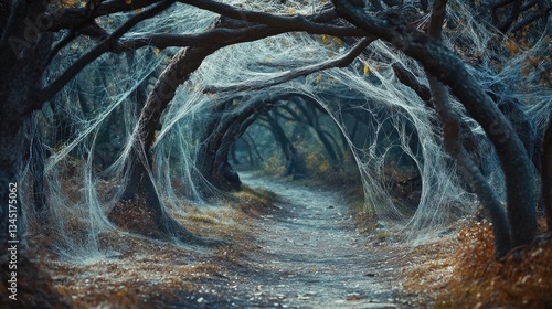Captivating Enchanted Forest Pathway with Spiderwebs and Twisted Trees in Ethereal Atmosphere