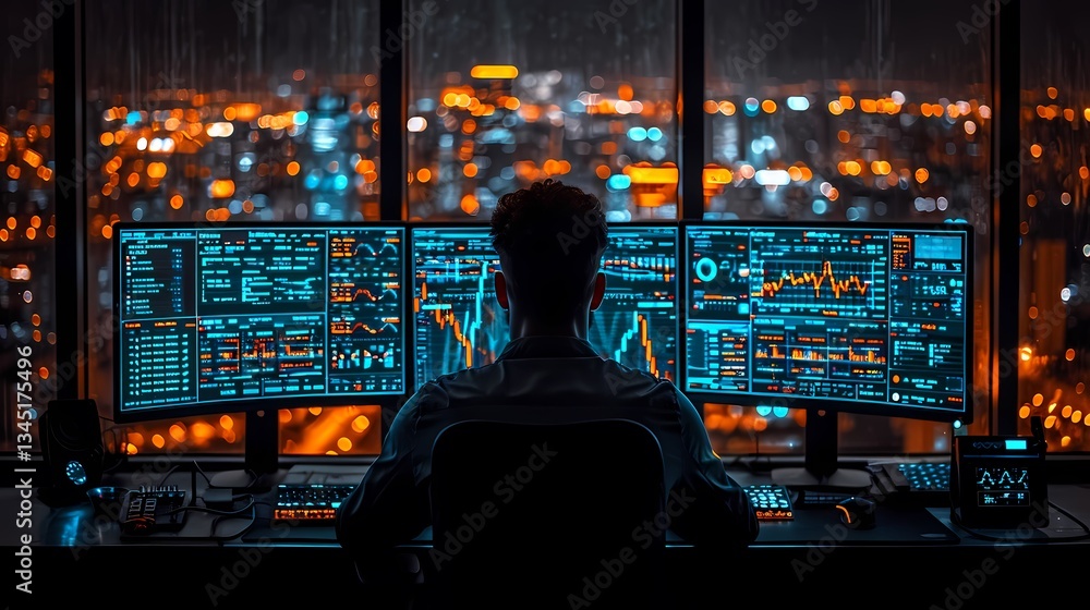 Financial Analyst at Work: A financial analyst focuses intently on data displayed across multiple computer monitors, with the glittering cityscape visible through the panoramic window behind him. Financial Analyst at Work: A financial analyst focuses intently on data displayed across multiple computer monitors, with the glittering cityscape visible through the panoramic window behind him.