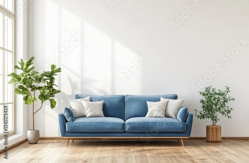 Modern living room with blue sofa, plants, and sunlight streaming in