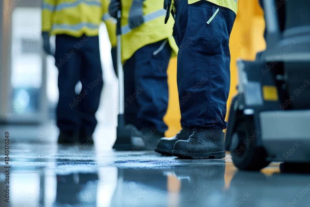 Fototapeta premium Workers in Safety Gear Standing in a Line Wearing Reflective Jackets and Protective Boots Ind