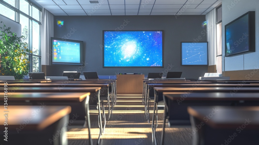 A 3D-rendered digital classroom with interactive boards A 3D-rendered digital classroom with interactive boards