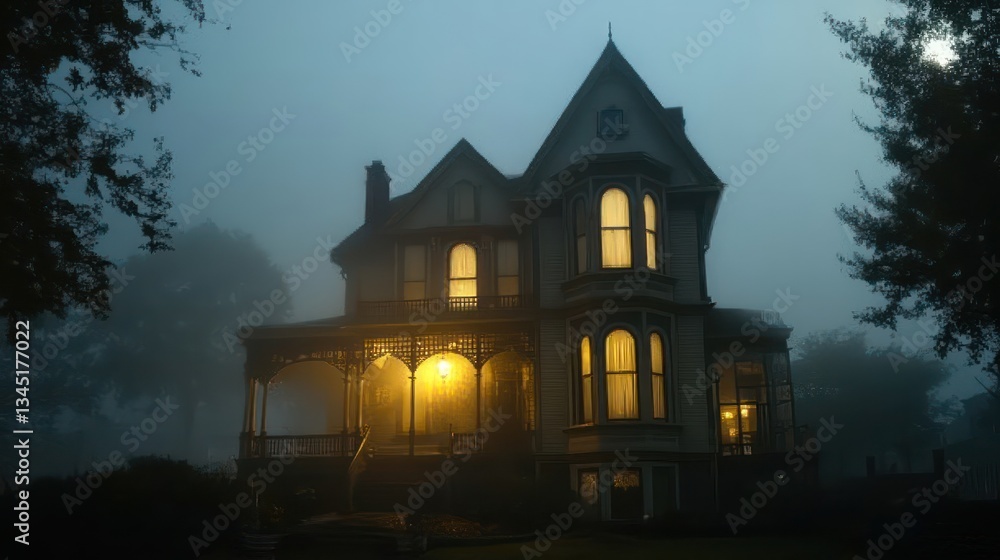 A Victorian house in the middle of town, on a foggy night with moonlight, photorealistic and cinematic in style A Victorian house in the middle of town, on a foggy night with moonlight, photorealistic and cinematic in style