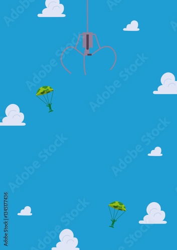 Blue background with clouds of different sizes and an illustration of a toy soldier parachuting, Toy Story