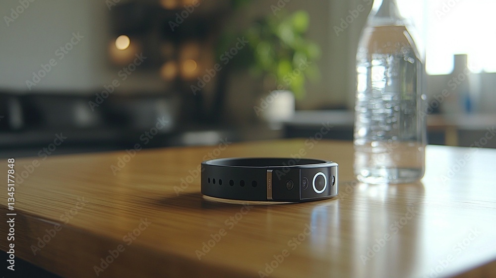 Fitness tracker and water bottle rest on a wooden table in a living room. Fitness tracker and water bottle rest on a wooden table in a living room.