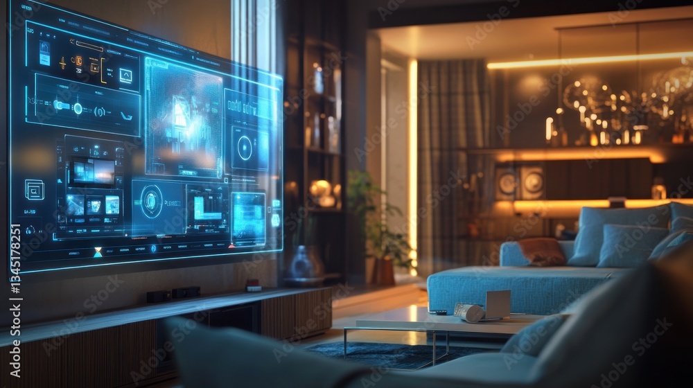 A 3D-rendered smart home demo with holographic controls. A 3D-rendered smart home demo with holographic controls.