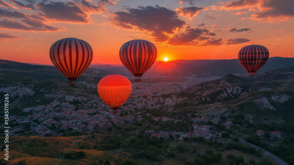 Obraz premium Hot Air Balloons Flying Over Cappadocia at Sunrise.
