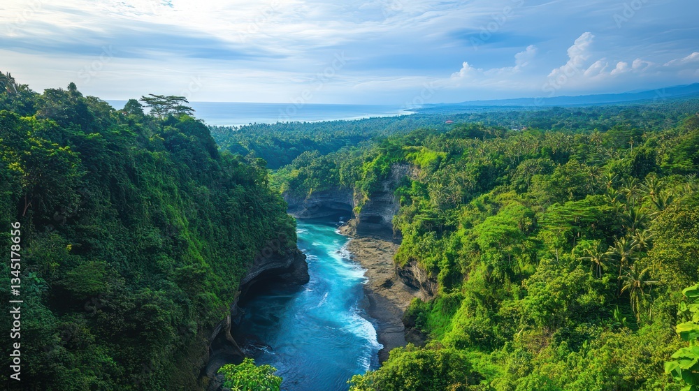 A view of the tranquil Green Canyon in Pangandaran, with emerald green waters flowing through lush jungle surroundings A view of the tranquil Green Canyon in Pangandaran, with emerald green waters flowing through lush jungle surroundings
