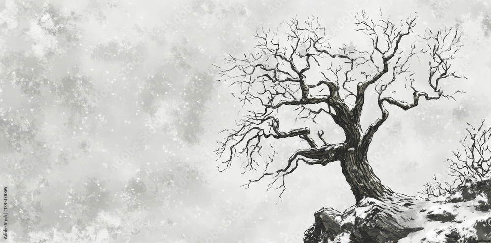 Fototapeta premium A lone tree stands on snowy mountain against a cloudy sky background